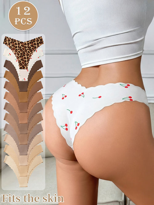 12 Pack Women's Seamless Briefs, Leopard & Cherry Print Solid Color Scalloped Edge No Show Comfort Underwear