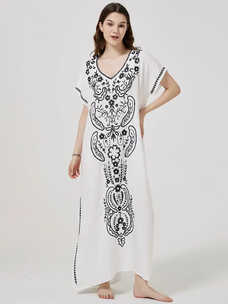 Embroidery Robe V-neck Batwing Sleeve Beach Maxi Dress Plus Size Loose Side Slit Summer Women Kaftans Dress Beachwear Q790