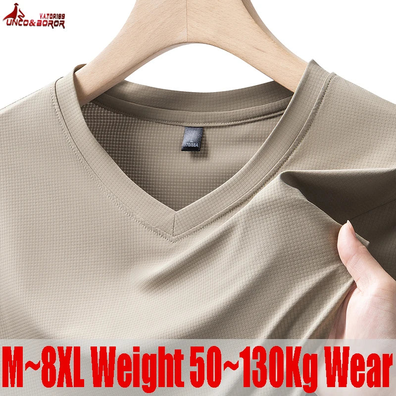 Plus Size 7XL 8XL short-sleeved T-shirt Men new summer ice silk V-neck casual pure color T-shirt outdoor sport Jogging Tops Tees