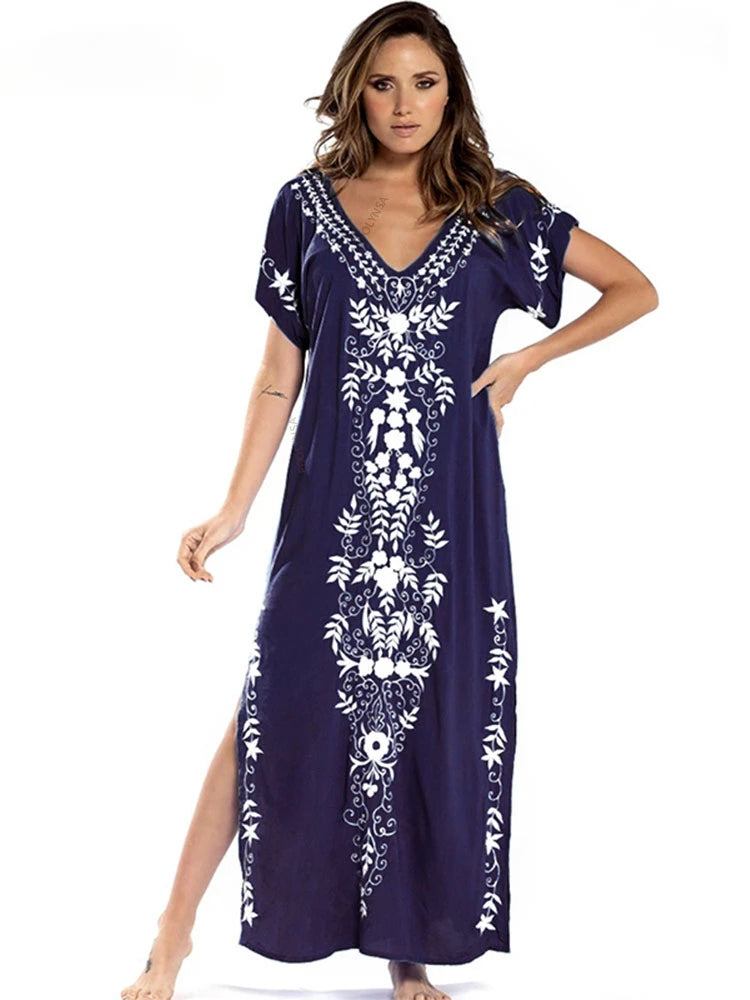 Embroidery Robe V-neck Batwing Sleeve Beach Maxi Dress Plus Size Loose Side Slit Summer Women Kaftans Dress Beachwear Q790
