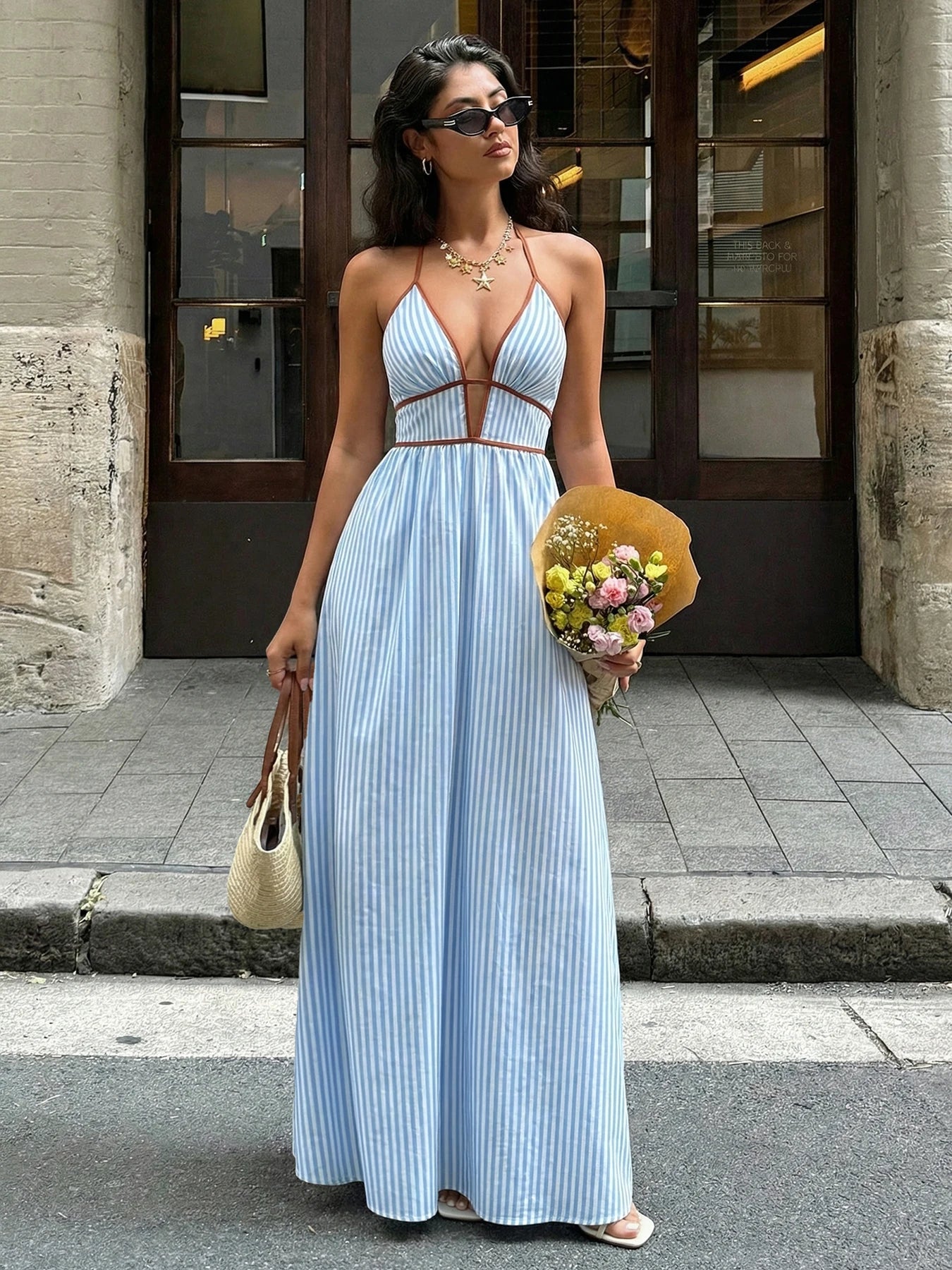 2026 Summer Striped Deep V Neck Backless Sleeveless Beach Long Dress
