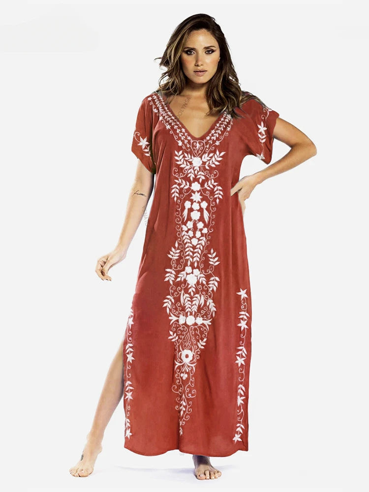 Embroidery Robe V-neck Batwing Sleeve Beach Maxi Dress Plus Size Loose Side Slit Summer Women Kaftans Dress Beachwear Q790