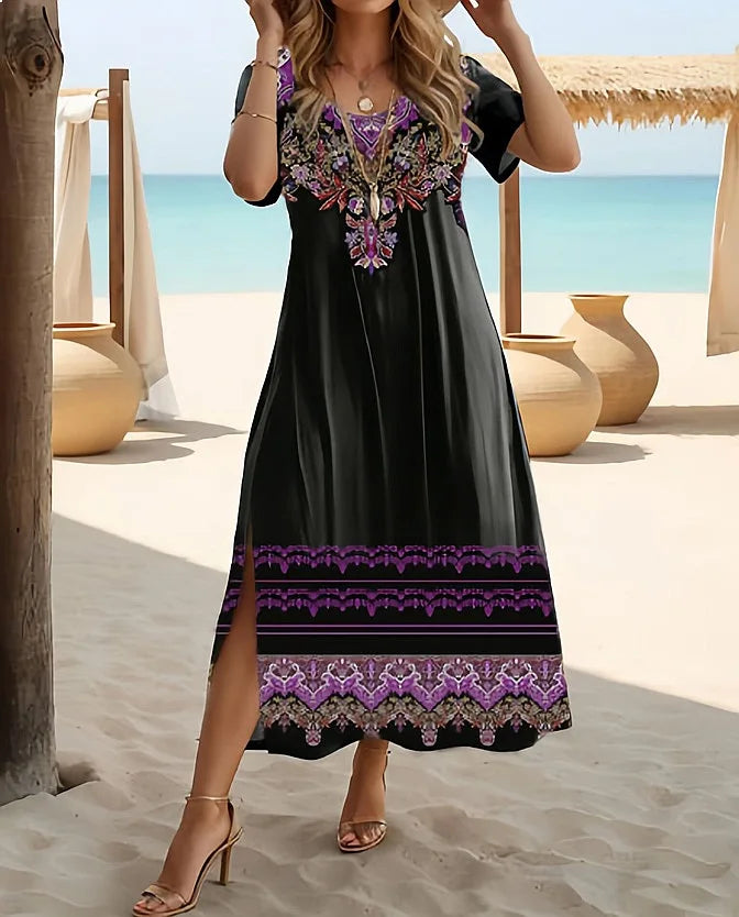 Ethnic Bohemian Floral Print Casual Vacation Short Sleeve Plus Size Summer Dress