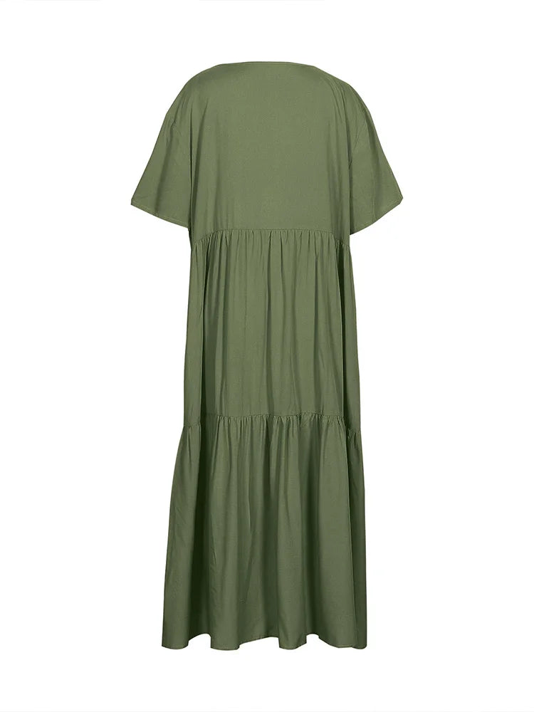 Plus Size Women's V Neck Pleated Solid Ankle Length Dress For Spring Summer