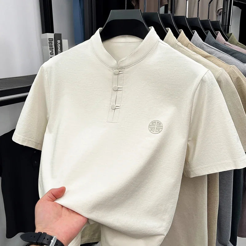 Men's Mandarin Collar Short Sleeve T-Shirt Casual Chinese Style Button Henley Shirt