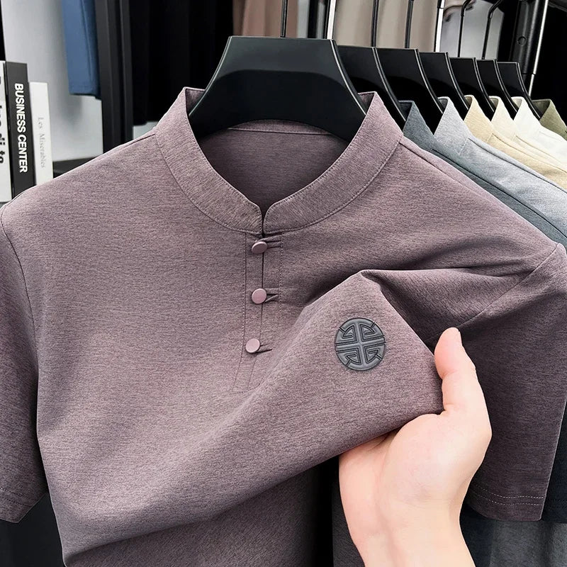 Men's Mandarin Collar Short Sleeve T-Shirt Casual Chinese Style Button Henley Shirt