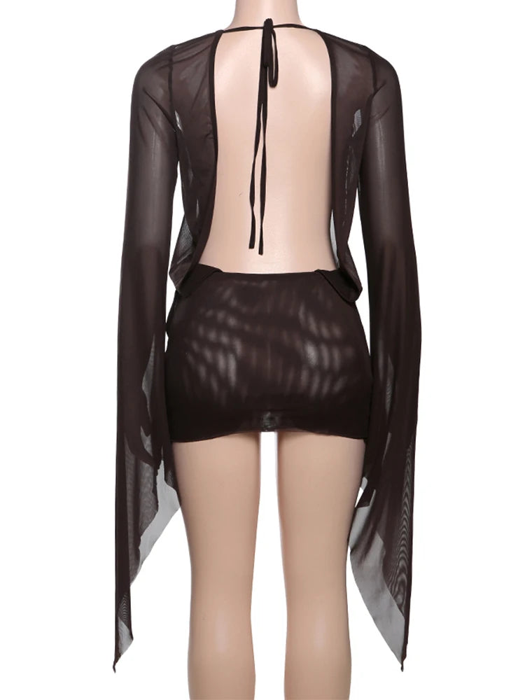 Kliou Mesh Irregular See Through Women Mini Dress Long Sleeve Deep Neck Bandage