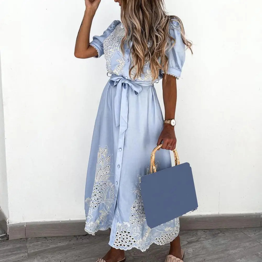 Lace-up Women Shirt Dress 2024 Summer Elegant Single Breasted Puff Sleeve Maxi Dress Vestidos Bohemian Sundress Party Robe