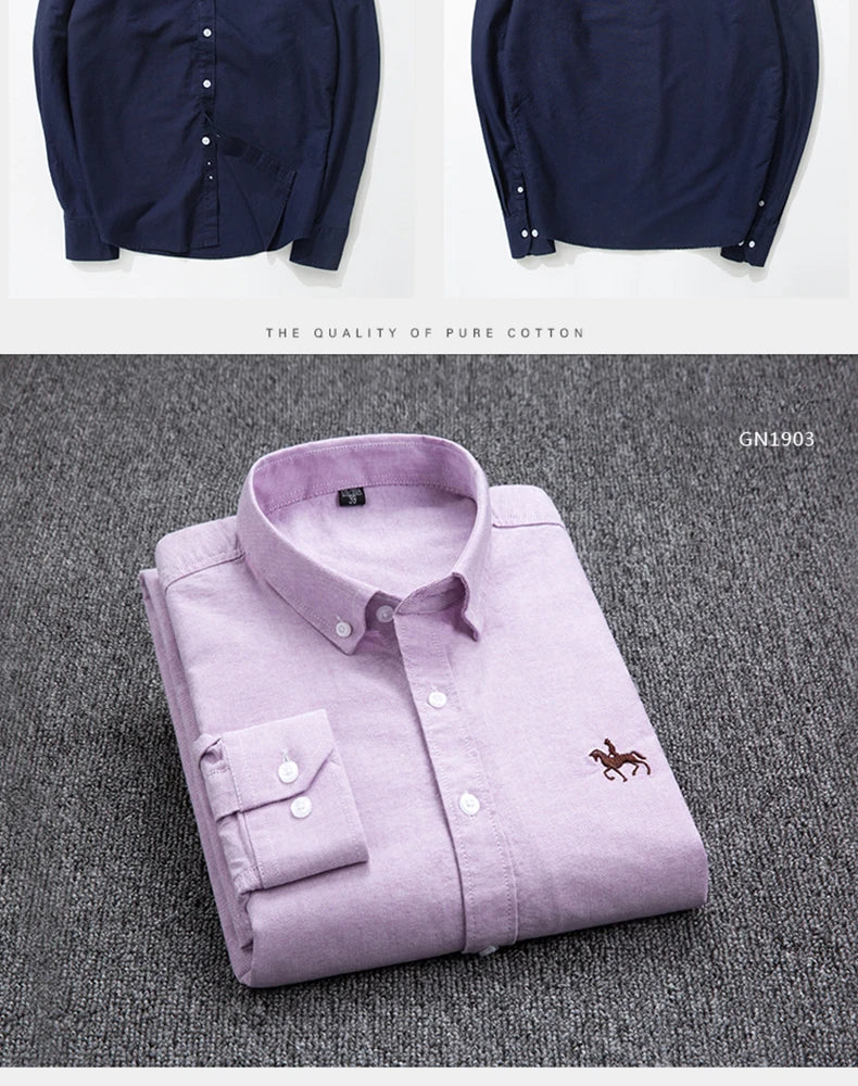 Casual Pure Cotton Oxford Mens Shirts Long Sleeve Embroidery Horse Design Regular Fit Fashion Button Man White Dress Shirt