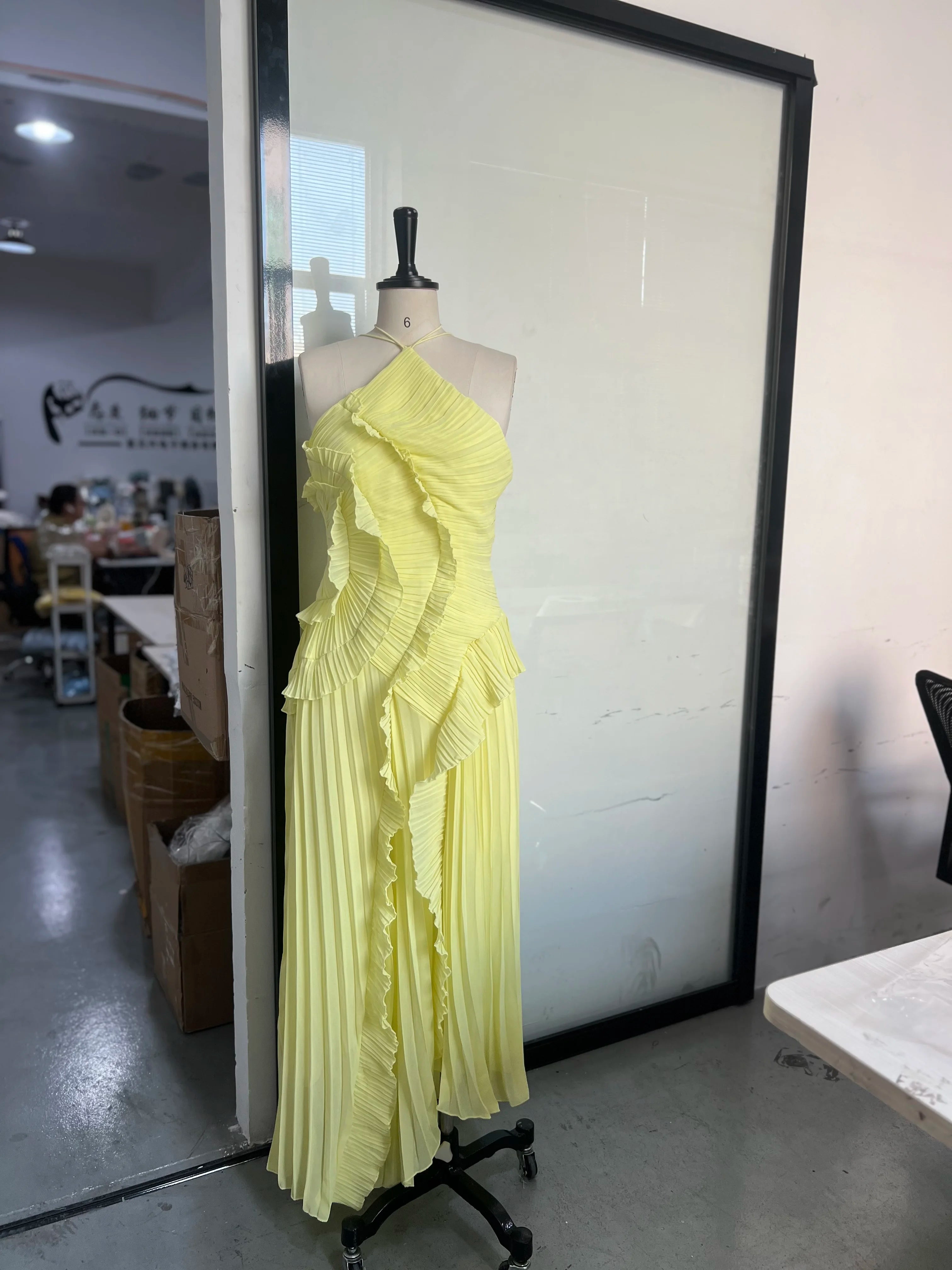 Gown Neck Strap Irregular Long Dress For Women Ruffle High Waist Backless Dress