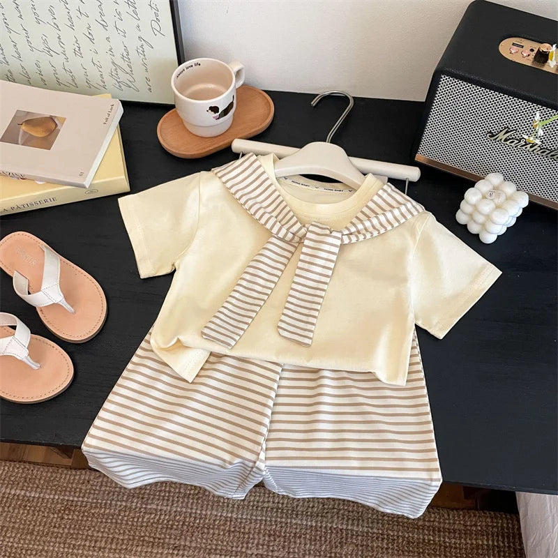 Summer Girls Sets Children Short-sleeved Suit Kids T-shirt With Stripes Shawls+Wide-leg Pants 2Pcs Outfits Teen Casual Clothes