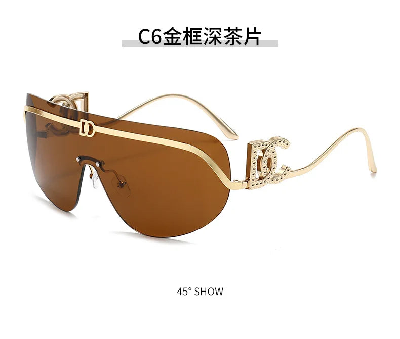 2026 Luxury Women Rimless Shield Aviator Sunglasses Gold Metal Frame Letter Accent Shades UV400 Eyewear for Women Lentes De Sol