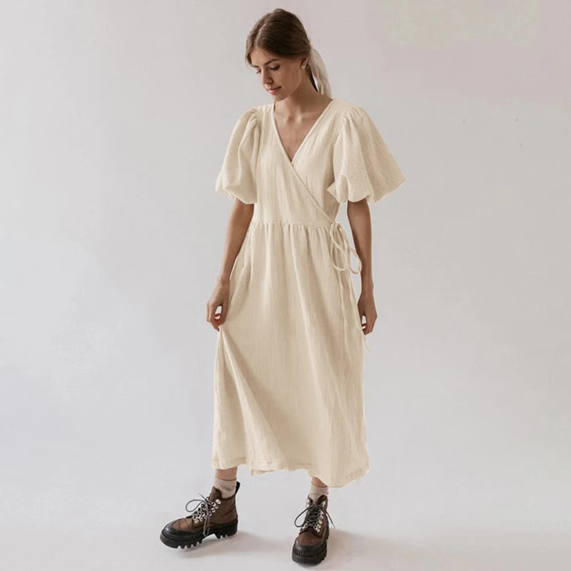 Puff Sleeve Maxi Dress For Women Muslin Crepe Gauze V-Neck  Bandage Lace Elegant Long Birthday Party Dress