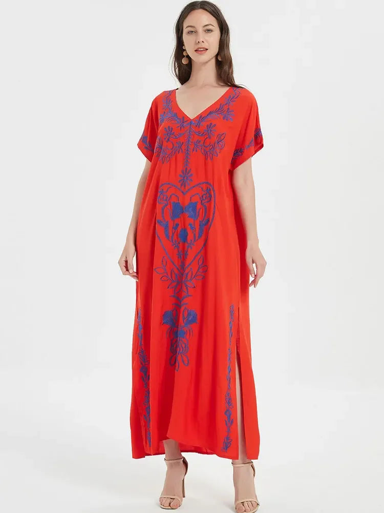 Embroidery Robe V-neck Batwing Sleeve Beach Maxi Dress Plus Size Loose Side Slit Summer Women Kaftans Dress Beachwear Q790