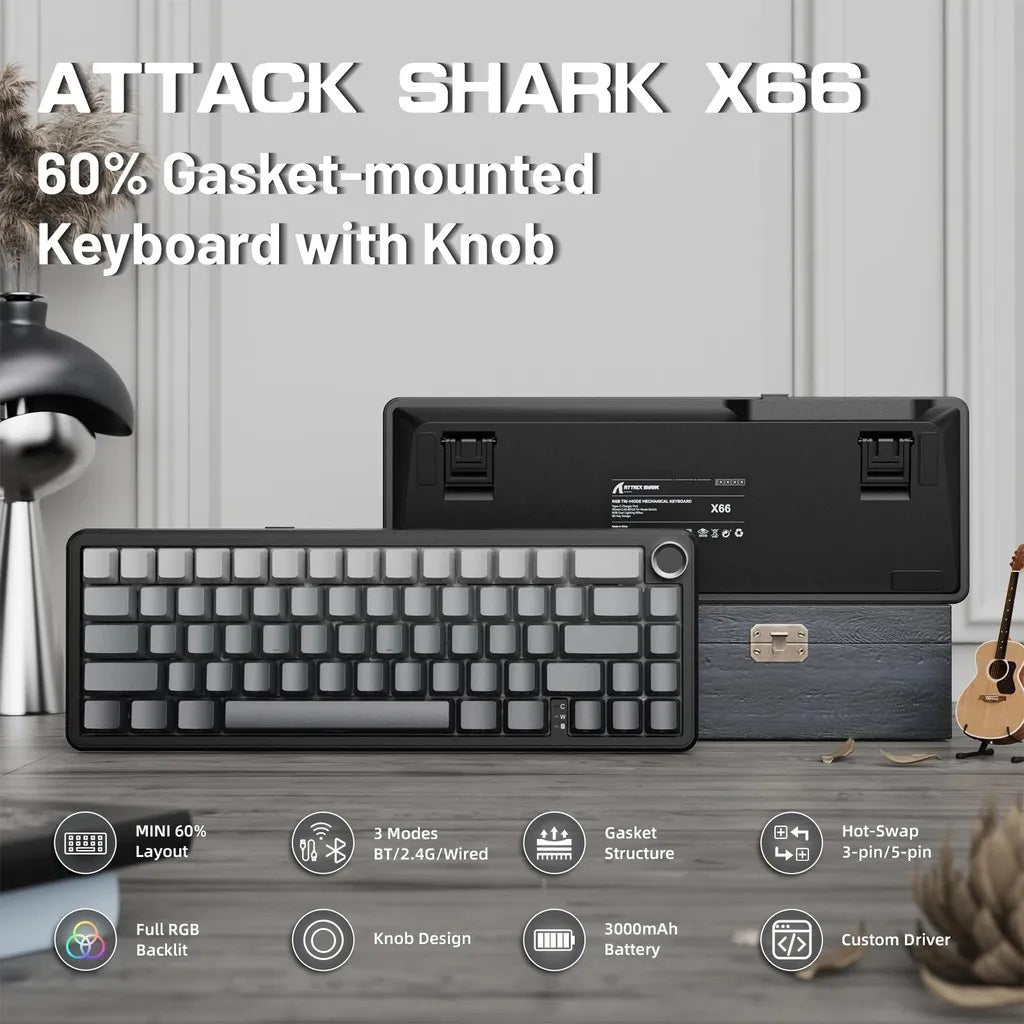 Attack Shark X66 Gasket Wireless Mechanical Gaming Keyboard with Volume Knob RGB Backlit Side Printed PBT Keycaps
