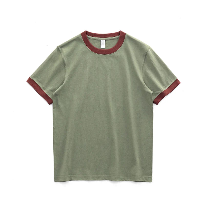 Summer American Retro 260G Heavyweight Contrasting Color T-shirt Men's Amei Kaji 100% Cotton Short Sleeve O-neck Tops Ringer TEE