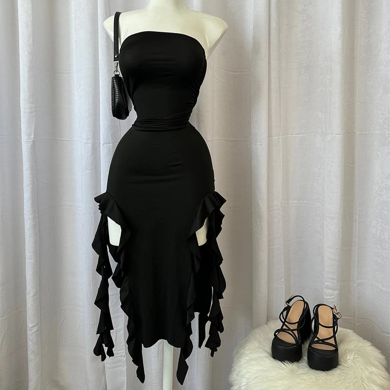 Women Strapless Floral Mini Dress With High Slit Backless Sleeveless Black Pink