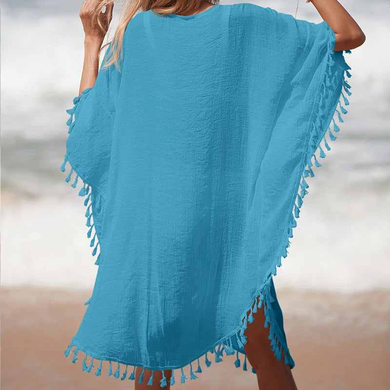 Women's Handmade Crochet Splicing Swimsuit Cover-Ups With Tassel Summer Holiday Beach Casual Loose Sunscreen Short Dress