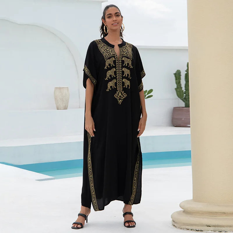 Embroidery Beach Kaftan Cover up Saida de Praia Swimsuit Bikini cover up Tunics for Beach Pareo Sarong Beachwear