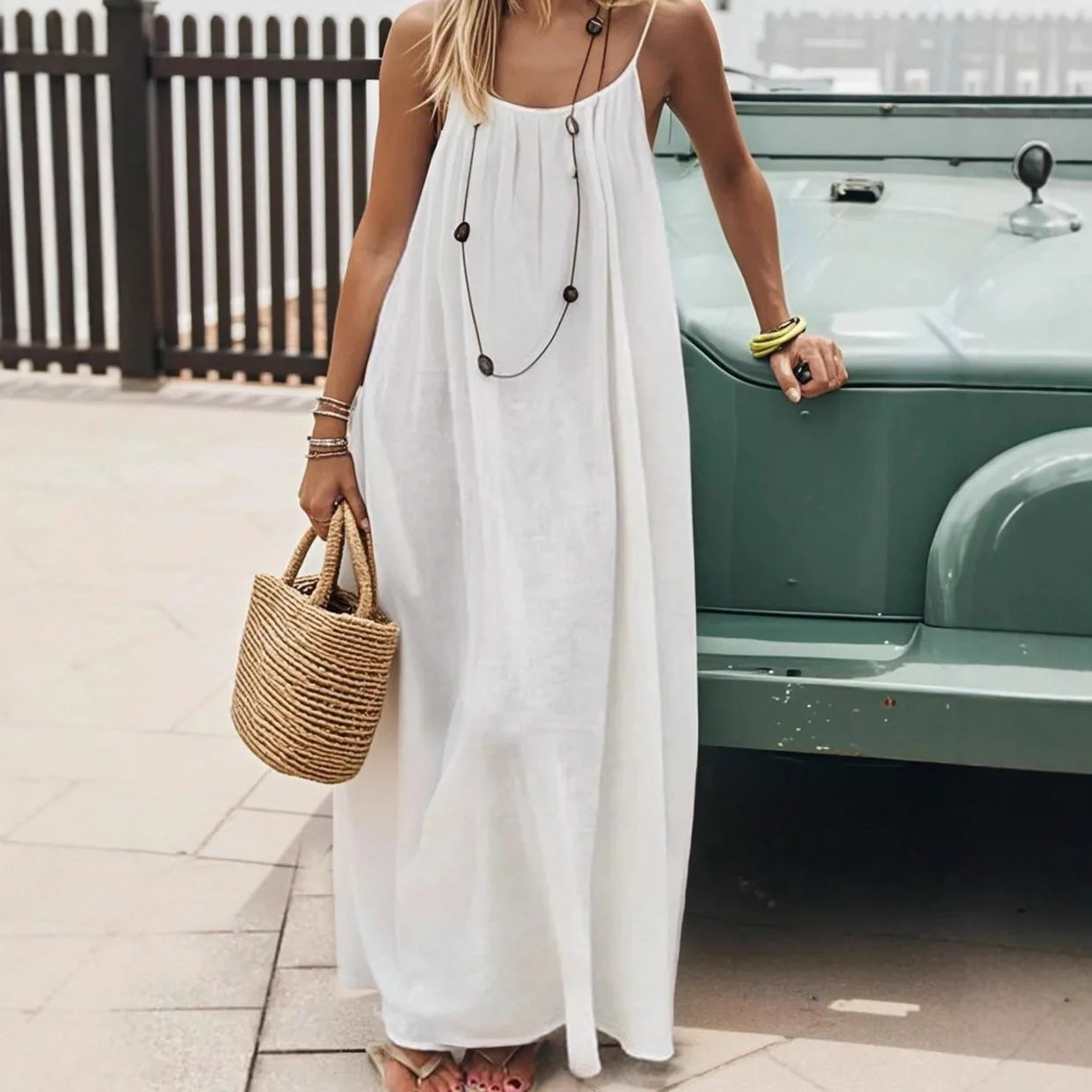 Ladies Sleeveless Strap H-Line Long Gown Loose Comfortable Polyester Casual Nightwear Home Clothing
