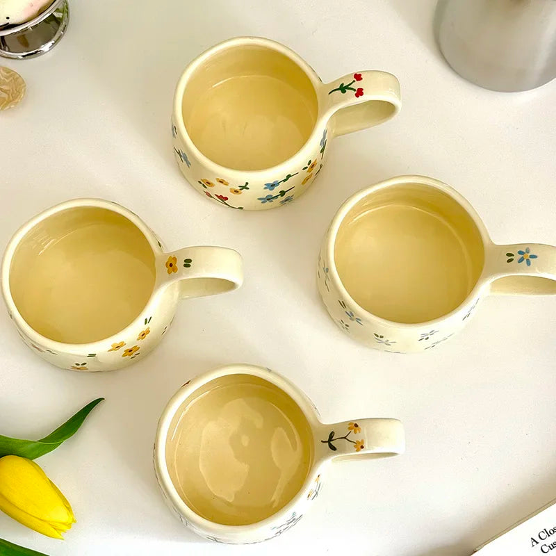 Cream yellow Ceramic Mug Korean Style Cute Flower Pattern Coffee Cup Hand Pinched Irregular Mug Breakfast Milk Tea Cups Watercup