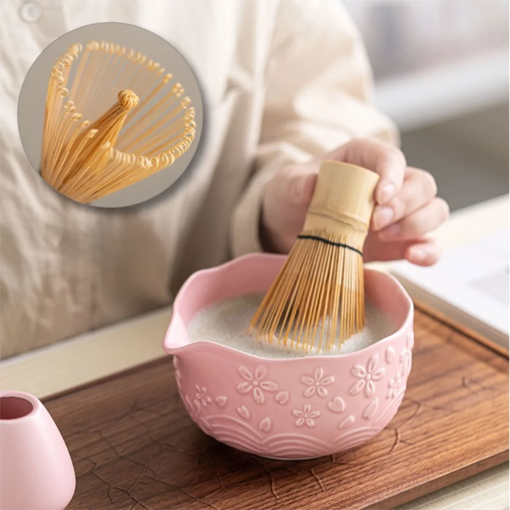 2/4/7 Pcs New Ceramic Matcha Bowl Sakura Flower Matcha Whisk Holder with Pouring Spout Reusable Matcha Making Kit Tea Lovers