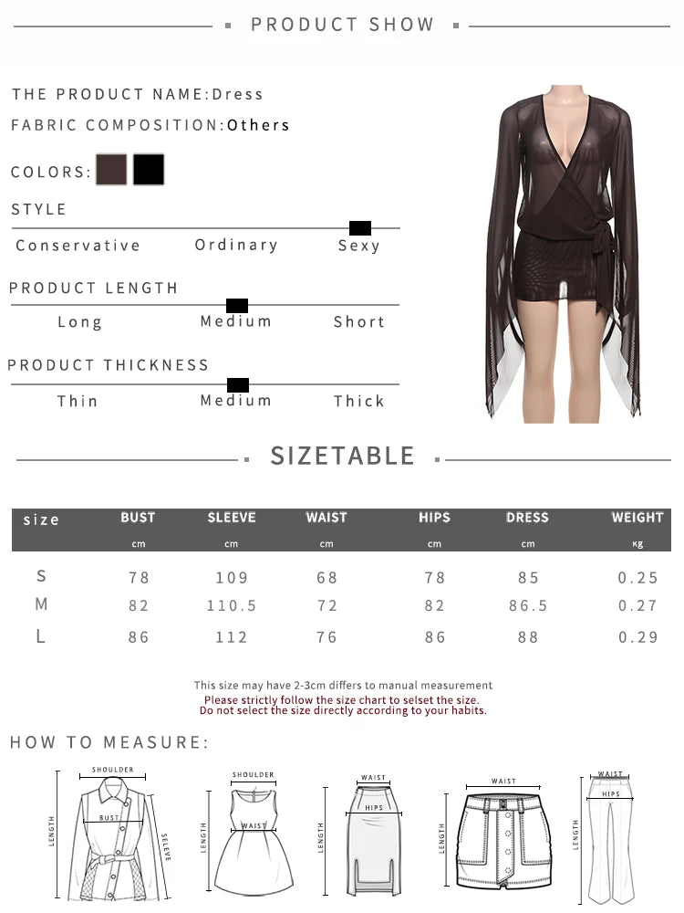 Kliou Mesh Irregular See Through Women Mini Dress Long Sleeve Deep Neck Bandage