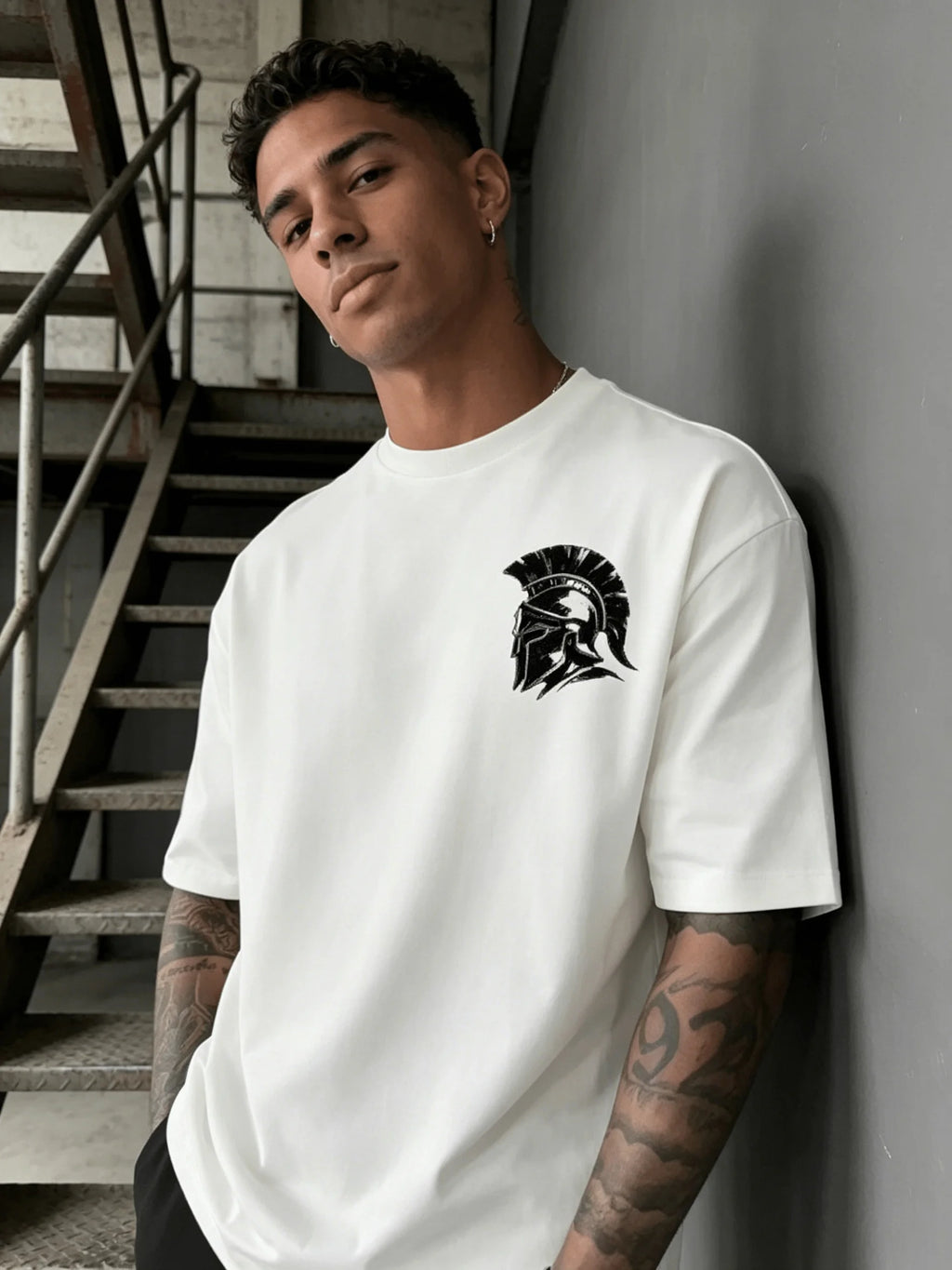 Men's Summer 100% Cotton Fashion Casual Street Spartan Knight Helmet Pattern Printed Loose Round Neck Short Sleeve T-shirt Top