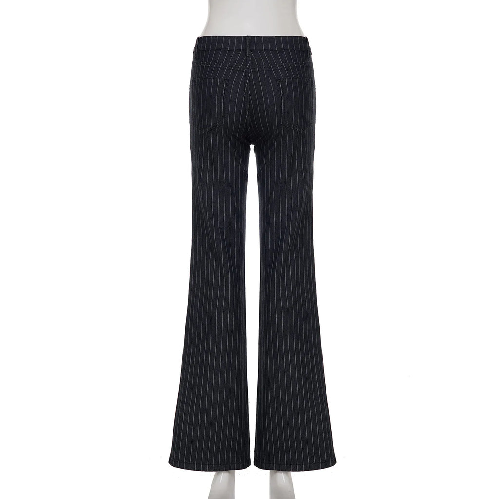 2000s Clothes Y2k Low Rise Boot Cut Jeans Woman Casual Black Striped Denim Trousers Streetwear Flare Pants P77-DD25