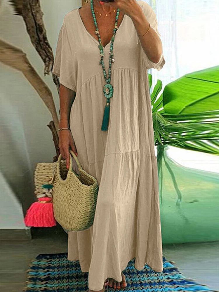 Plus Size Women's V Neck Pleated Solid Ankle Length Dress For Spring Summer