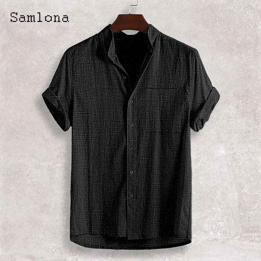 Men Short Sleeve Board Shirt Clothing 2025 New Summer Collarless Top Solid Green Linen Blouse Plus Size Mens Casual Beach Shirts