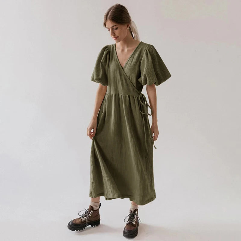 Puff Sleeve Maxi Dress For Women Muslin Crepe Gauze V-Neck  Bandage Lace Elegant Long Birthday Party Dress