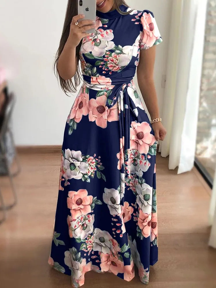 Womens Slim Casual Long Sleeve Round Neck Flower Print Strap Maxi Dress