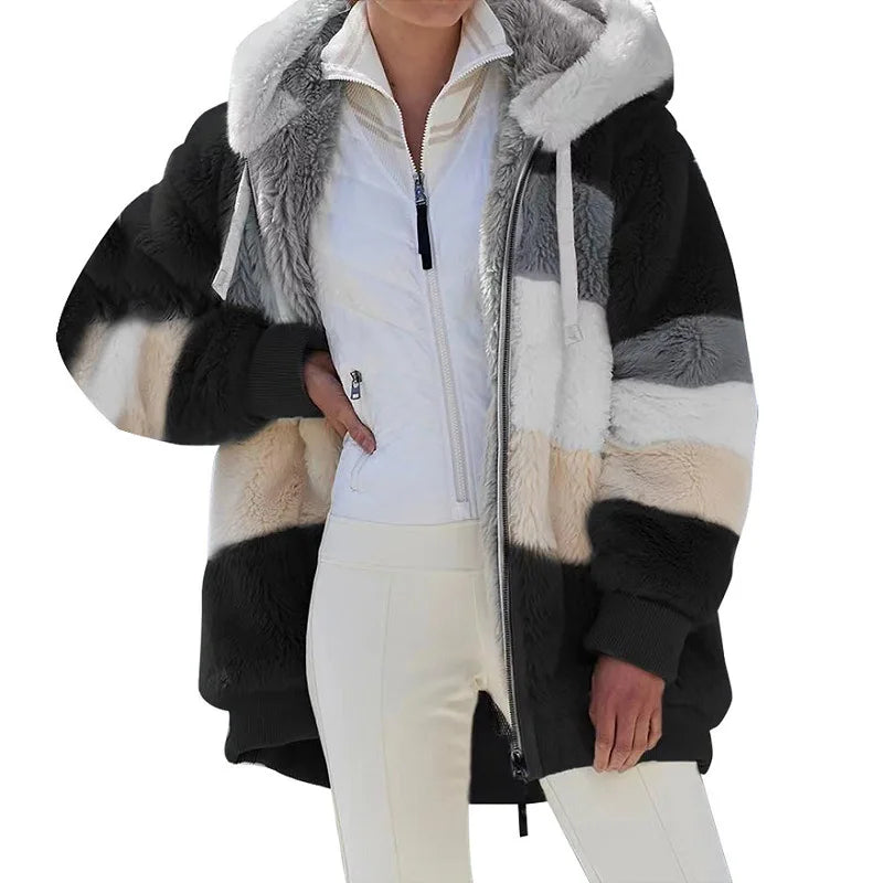Women Oversized Plush Hoodie Coat Winter Outerwear Jacket With Pockets