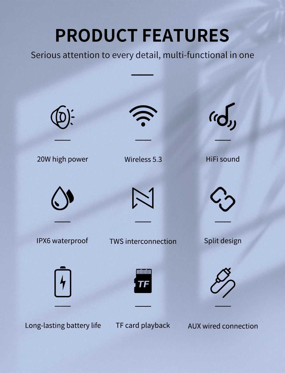 2in1 S10 Split Wireless Bluetooth Speaker 20W Powerful IPX6 HIFI Stereo Surround with RGB Light Aux TF Card for Outdoor Home