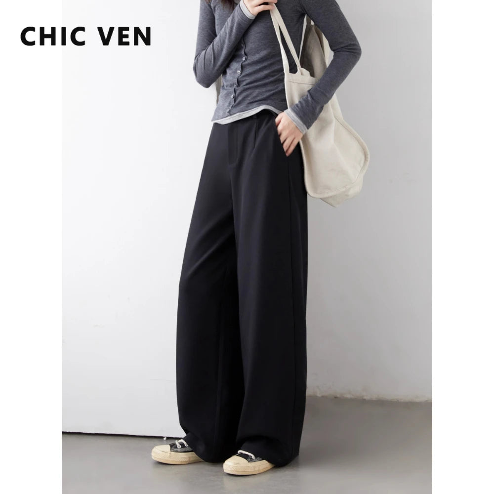 CHIC VEN Women Pants Solid Casual  Slim Straight Leg Suit Wide Leg Ladies Trousers Spring Autumn 2025 Clothing for Woman
