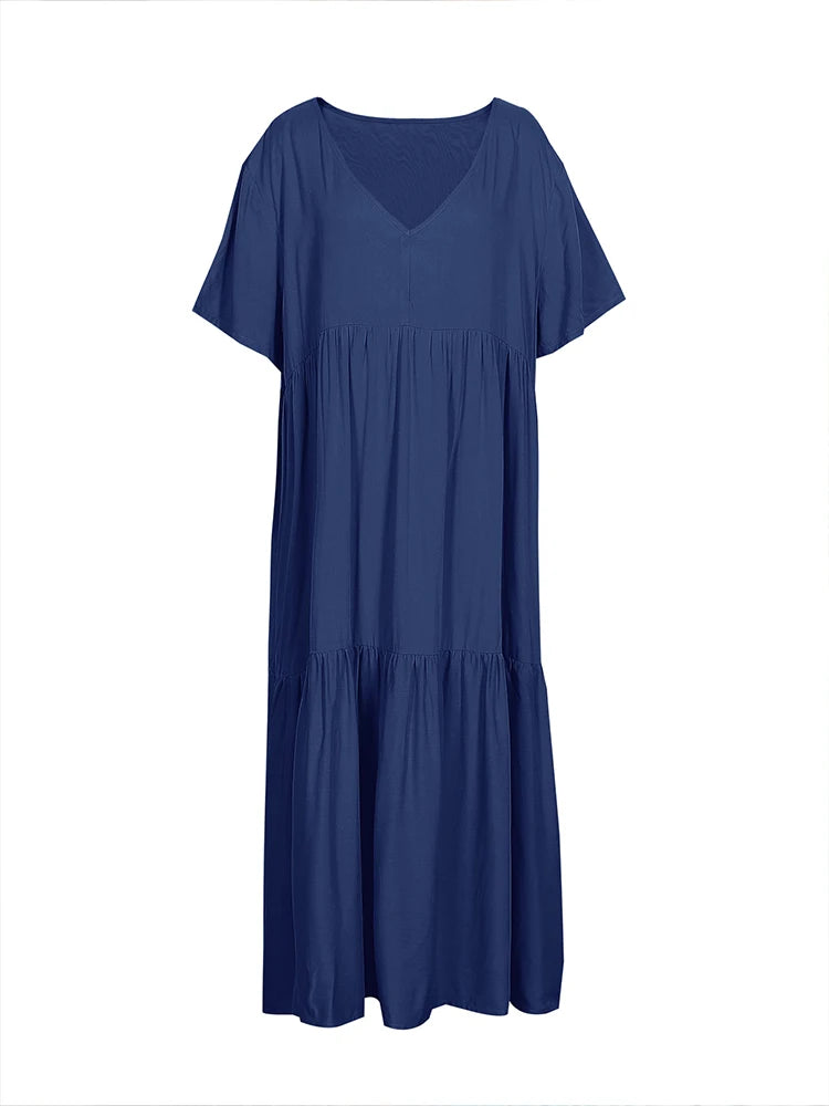 Plus Size Women's V Neck Pleated Solid Ankle Length Dress For Spring Summer