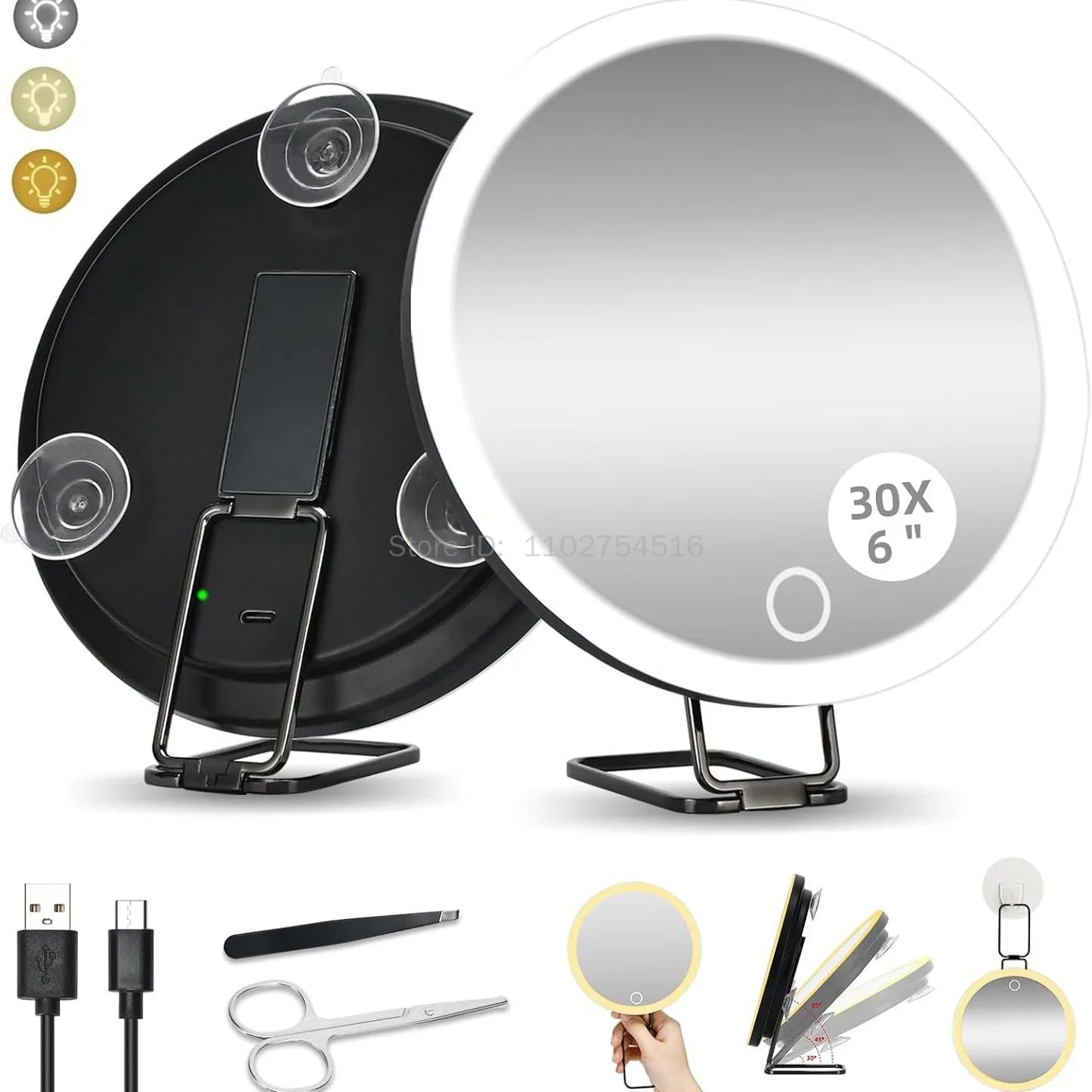 6 Inch Magnifying Mirror with Light 5-30X Portable Travel Magnified Mirror with 360 degrees Adjustable Stand and Suction Cup