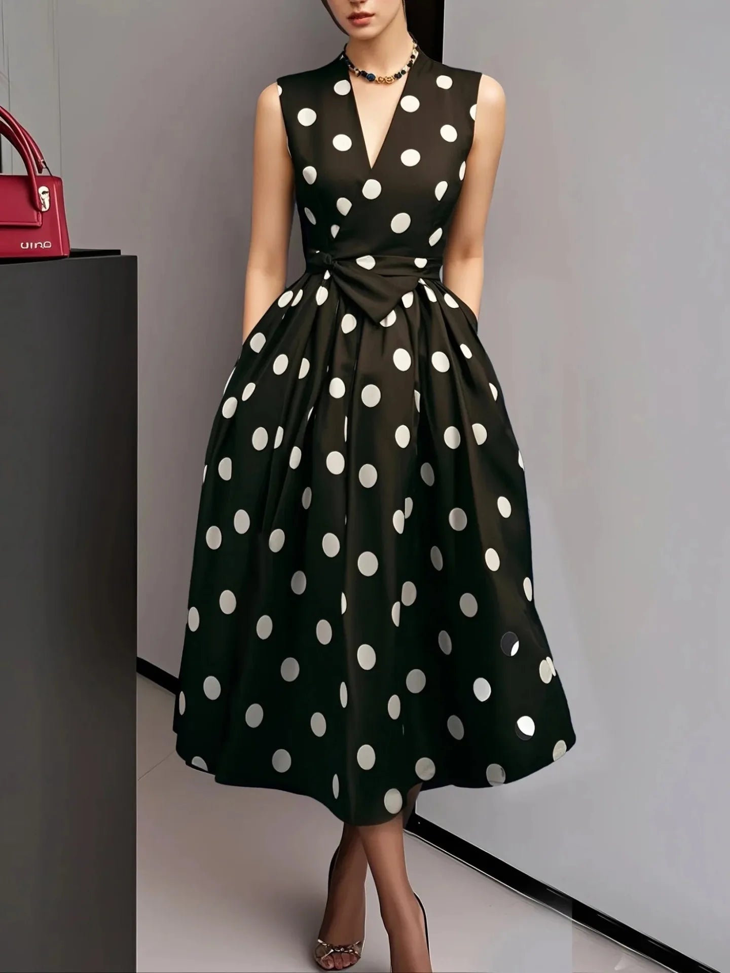 Women's  Polka Dot Sleeveless Dress V-Neck Wrap Bodice Waist Belt Tie Pleated Dress Side Pockets Elegant Party & Office Outfit