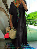 Plus Size Women's V Neck Pleated Solid Ankle Length Dress For Spring Summer