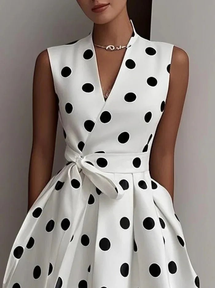 Women's  Polka Dot Sleeveless Dress V-Neck Wrap Bodice Waist Belt Tie Pleated Dress Side Pockets Elegant Party & Office Outfit