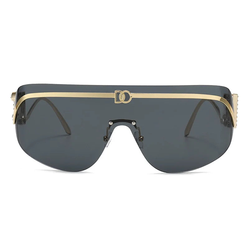 2026 Luxury Women Rimless Shield Aviator Sunglasses Gold Metal Frame Letter Accent Shades UV400 Eyewear for Women Lentes De Sol