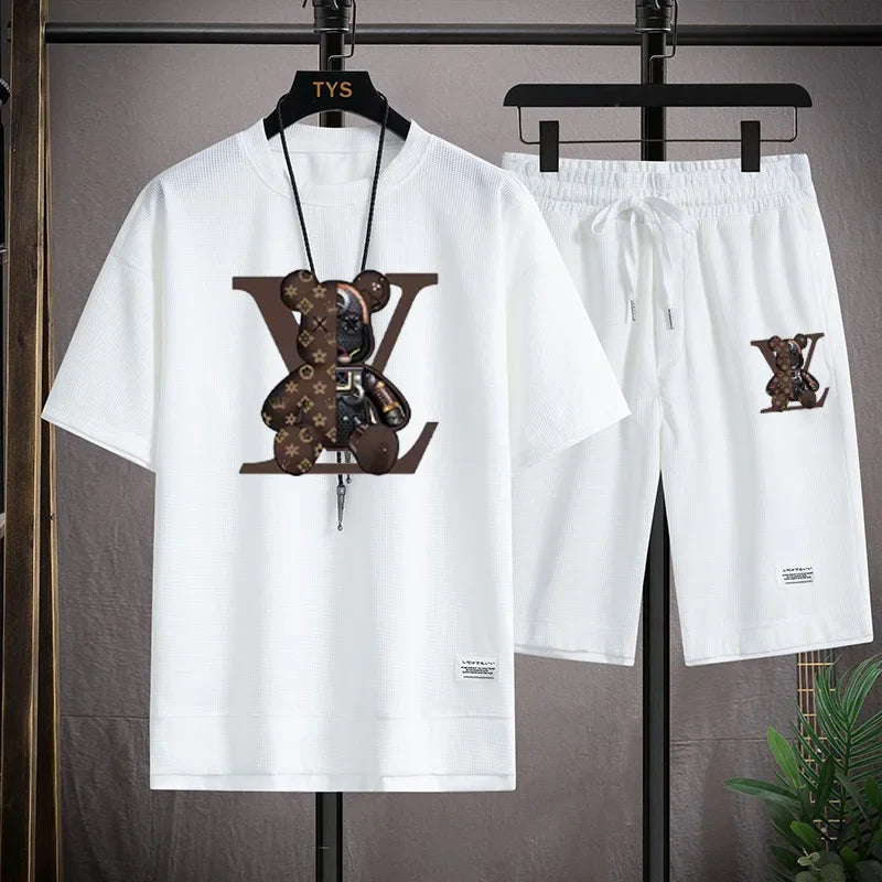 Summer new men's short-sleeved set, a fashionable outdoor casual men's short-sleeved T-shirt and sports shorts 2-piece set