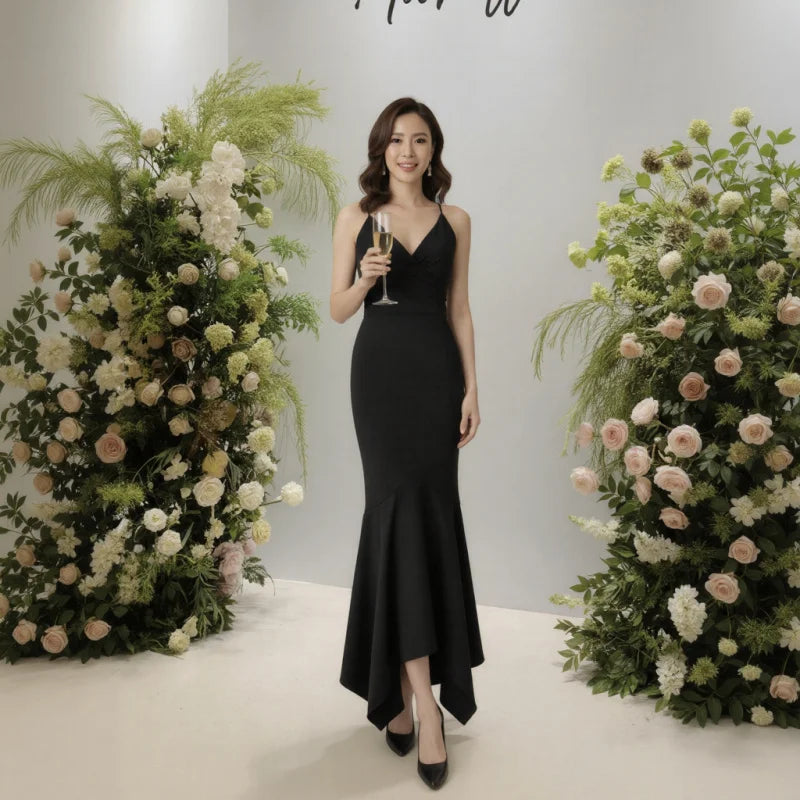 Halter Neck Cold Shoulder Ruffle Mermaid Long Dress - Women's Cocktail Evening Gown