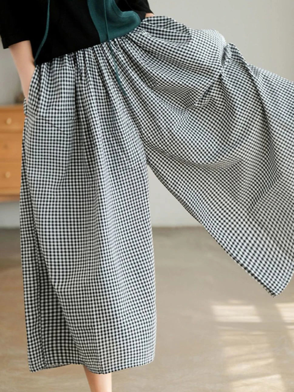 2024 Spring Elegant Woman Dress Plaid Pants Thin Cotton Linen Wide Leg Trousers Women High Waist Baggy Jogger Pants Sweatpants