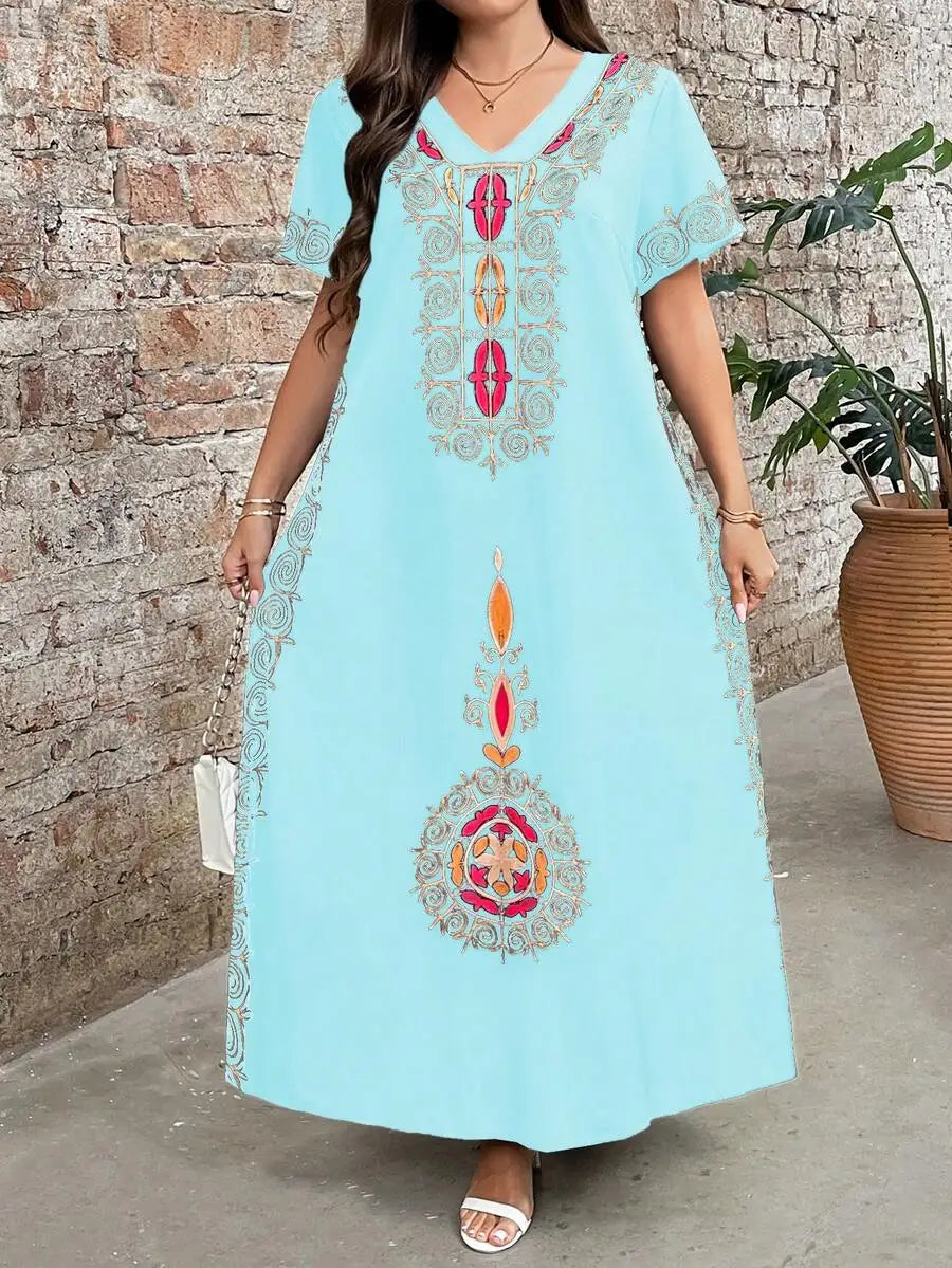 Boho Embroidered Maxi Dress V Neck Short Sleeve Loose Casual Summer Dress