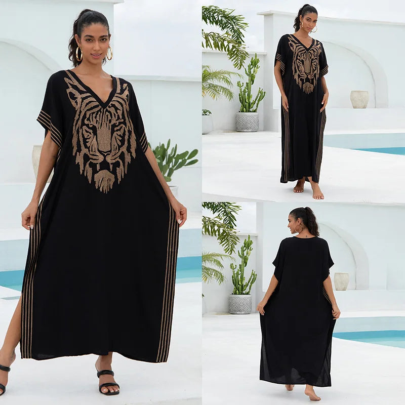 Embroidery Beach Kaftan Cover up Saida de Praia Swimsuit Bikini cover up Tunics for Beach Pareo Sarong Beachwear