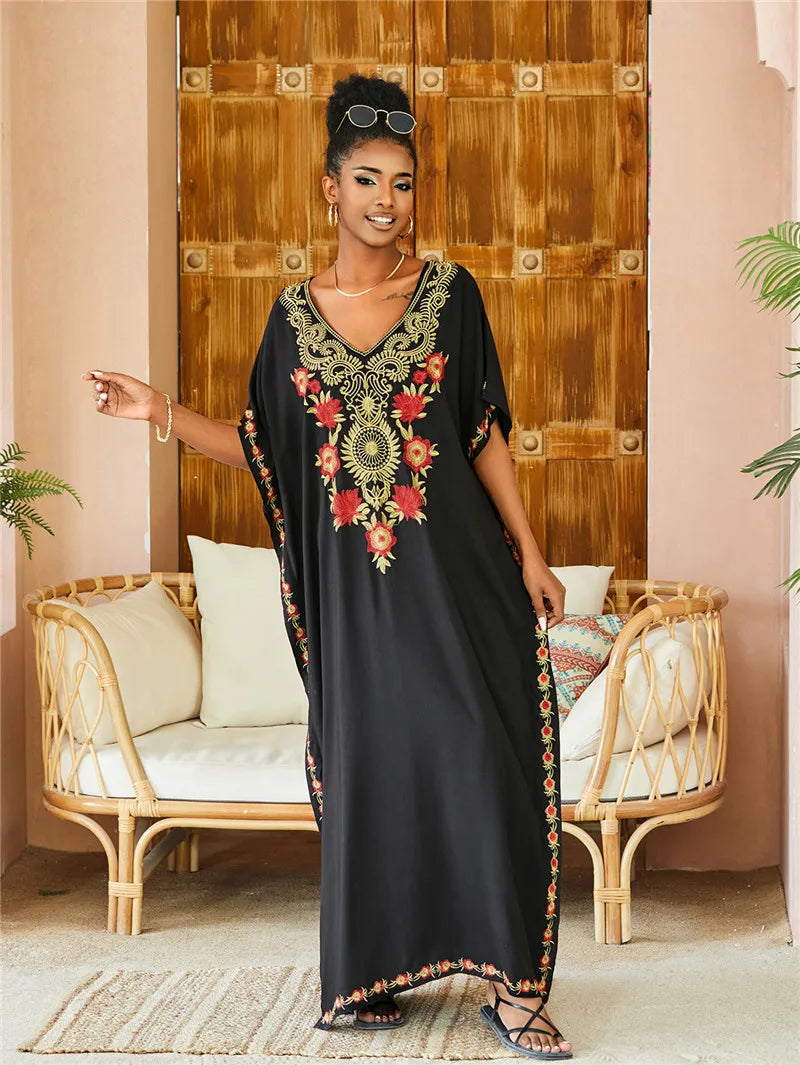 Women Plus Size Kaftan Dresses Loungewear Beach Embroidered Caftan Maxi Dress Floral Print Swimsuit Cover up Sundress