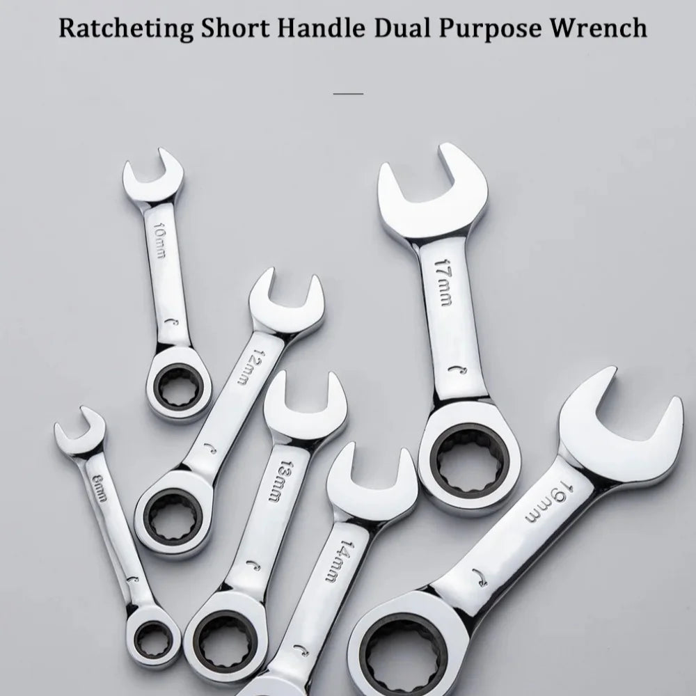 Short Handle Adjustable Head Ratchet Wrench Labor-Saving Dual-Purpose Auto Repair Hardware Tool For Nuts Bolts Fastening Work
