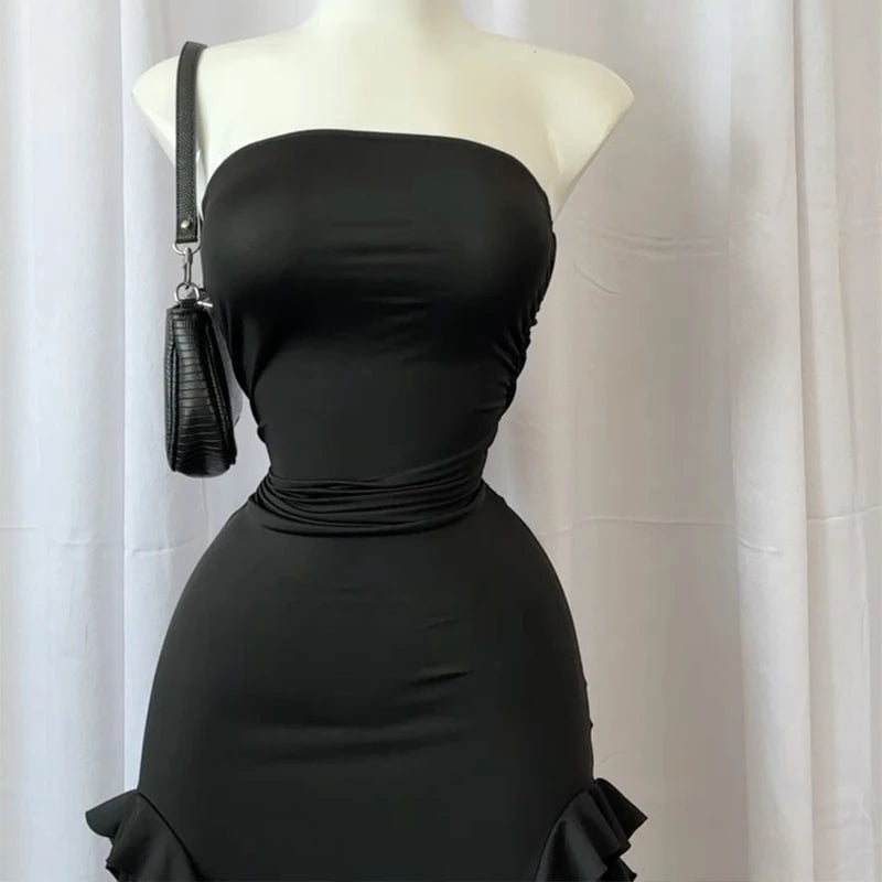 Women Strapless Floral Mini Dress With High Slit Backless Sleeveless Black Pink